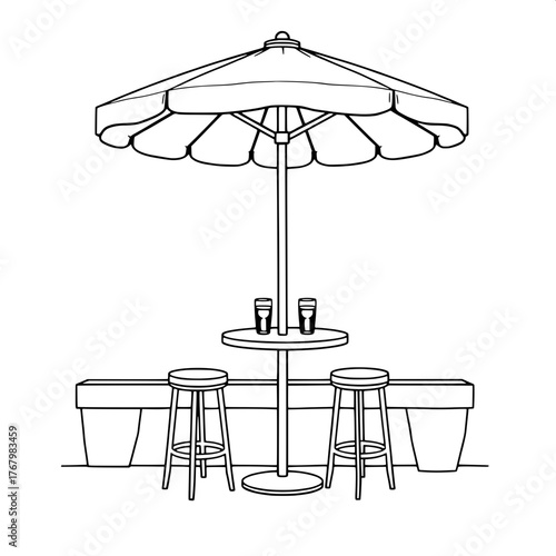 Architectural Line Art

A minimalist black-and-white line drawing of an outdoor café patio with a round table under a striped umbrella, two tall stools symmetrically placed, and drinks on the tabletop