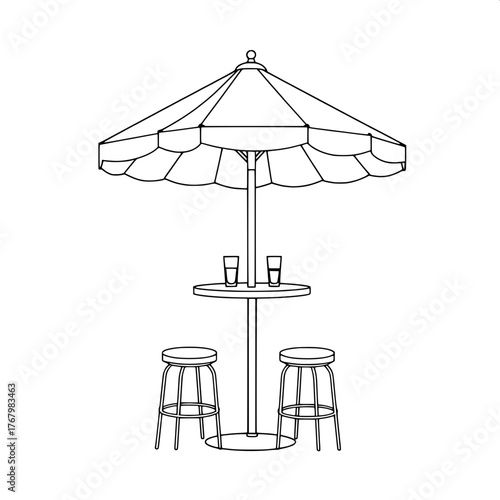 Architectural Line Art

A minimalist black-and-white line drawing of an outdoor café patio with a round table under a striped umbrella, two tall stools symmetrically placed, and drinks on the tabletop