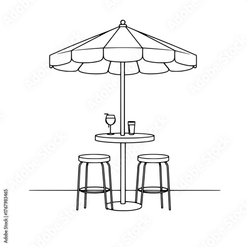 Architectural Line Art

A minimalist black-and-white line drawing of an outdoor café patio with a round table under a striped umbrella, two tall stools symmetrically placed, and drinks on the tabletop