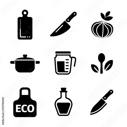 Set of kitchen-related icons including cutting board, knife, onion, pot, measuring cup, herb, apron with eco label, oil bottle, and chef's knife