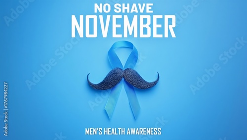 No shave november awareness campaign featuring a blue ribbon and mustache for men s health