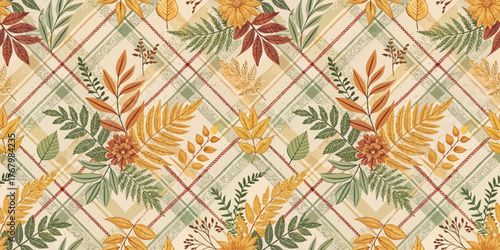 Vibrant patterned fabric with autumn leaves and flowers in warm hues of orange, yellow, and green.