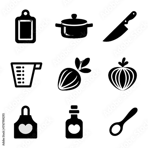 Set of black silhouette icons representing kitchen tools and ingredients including a cutting board, pot, knife, measuring cup, avocado, onion, apron, bottle, and spoon.