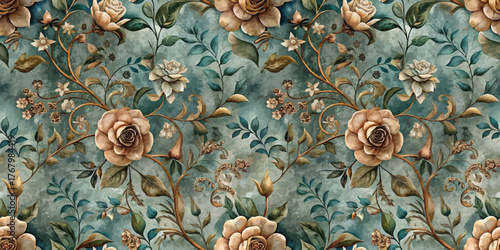 Elegant floral pattern featuring soft roses and intricate vines in muted blues and earthy tones.