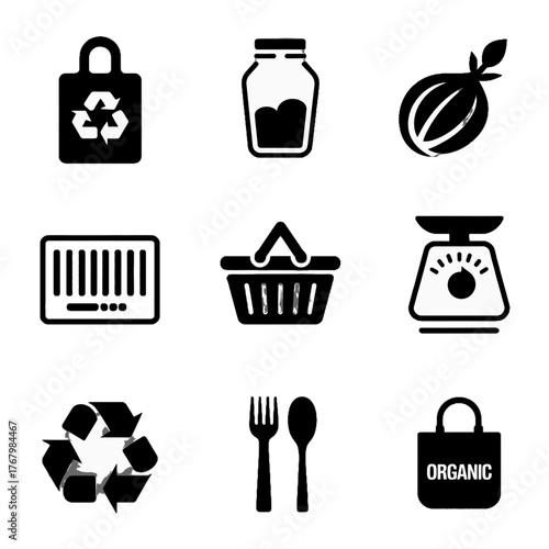 Set of icons representing organic, recycling, food storage, and shopping elements in a minimalist black and white design.