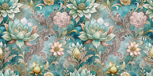 Intricate floral pattern featuring pastel lotus and peony blooms on a turquoise background.