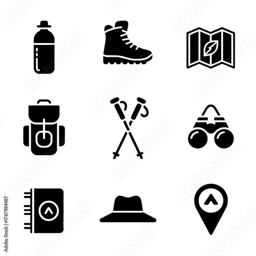 Set of black silhouette icons representing outdoor hiking and exploration equipment including water bottle, boots, map, backpack, trekking poles, binoculars, notebook, hat, and location marker.