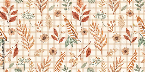 Charming floral pattern featuring autumn hues and delicate leaves on a soft plaid background.