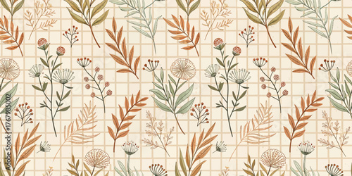 Elegant floral pattern with earthy tones and delicate foliage design on a soft beige background.