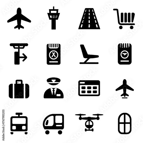 Collection of black silhouette icons representing transportation, travel, and airport-related symbols including airplanes, luggage, terminals, and vehicles.