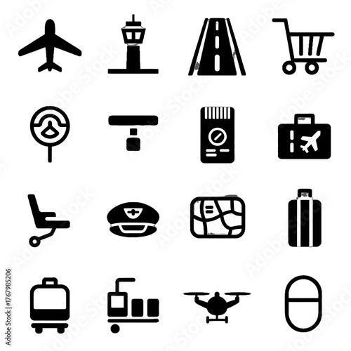 Set of black and white icons representing airport and travel-related elements including airplanes, luggage, terminals, and transportation.
