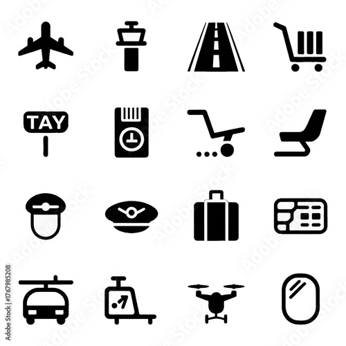 Set of black and white icons representing various transportation, travel, and airport-related objects and symbols