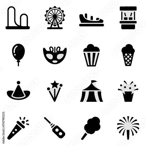 Collection of black silhouette icons representing amusement park and carnival elements including rides, food, and festive items.