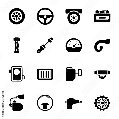Collection of automotive parts and vehicle components icons in black silhouette style