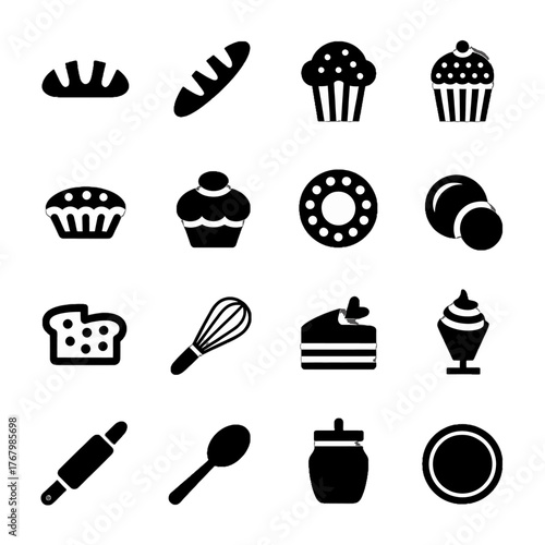Collection of black silhouette icons representing various baked goods and baking tools