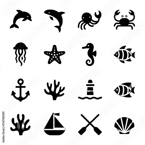 Collection of marine life and nautical icons in black silhouette style