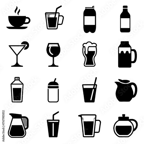Collection of black silhouette icons representing various beverages and drink containers