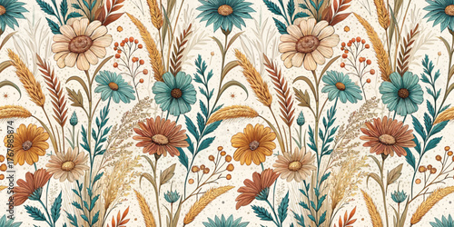 A vibrant floral pattern featuring colorful flowers and wheat elements.