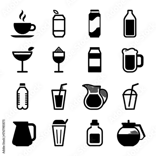 Collection of black and white icons representing various beverages and drink containers including coffee, tea, cocktails, soft drinks, and juice.