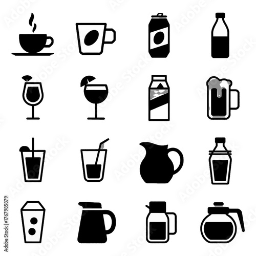 Collection of beverage icons including coffee, tea, cocktails, soft drinks, and various drink containers in simple black silhouette style