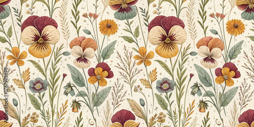 A vibrant floral pattern featuring pansies and wildflowers in warm autumn hues.