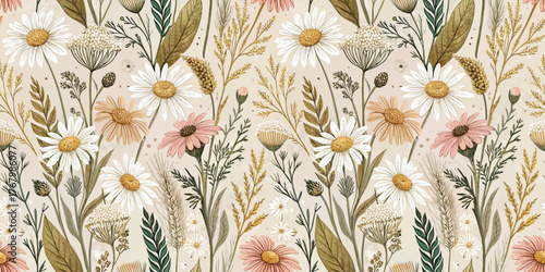 A vibrant floral pattern featuring daisies, wildflowers, and lush greenery in soft pastel hues.