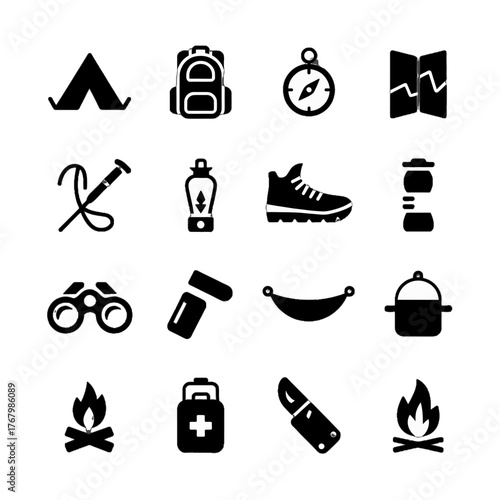 Set of black silhouette icons representing camping and outdoor adventure equipment and activities.