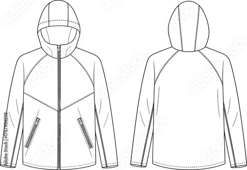 Hooded jacket technical sketch, fashion flat design, vector illustration, CAD drawing, garment construction, front and back view, line art