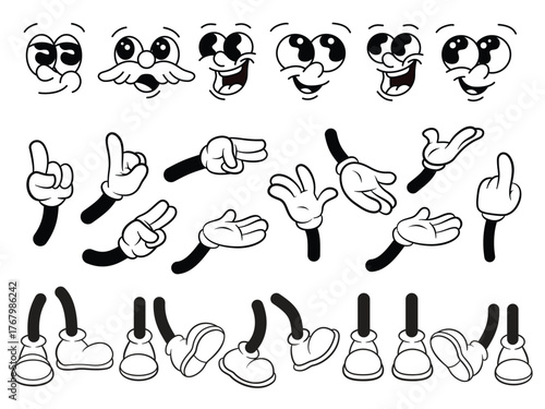 Retro Cartoon Face Hand and Foot Elements Set. Different poses arm and feet. Body parts mascot.