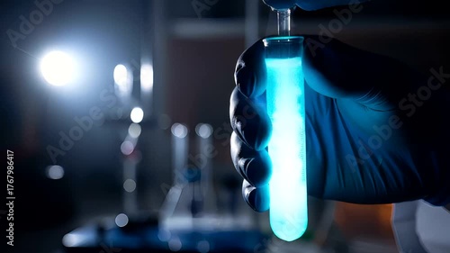 Scientist holding glowing test tube in laboratory with equipment in background