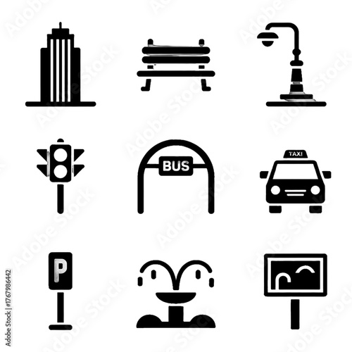 Set of urban infrastructure and transportation icons including buildings, benches, streetlights, traffic signals, bus stops, taxis, parking signs, fountains, and information boards.