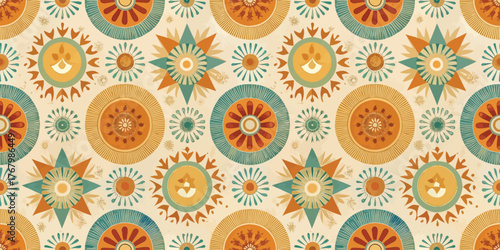 Vibrant floral patterns in warm hues create a cheerful and lively design.
