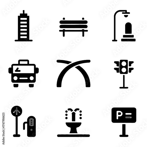 Set of urban and public space icons including buildings, benches, streetlights, vehicles, traffic signs, and parking symbols