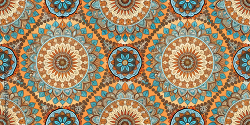 Intricate mandala pattern with vibrant orange, blue, and brown colors, showcasing a harmonious design.