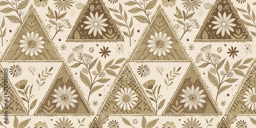 Geometric floral design featuring triangles and flowers in earthy tones, perfect for home decor.