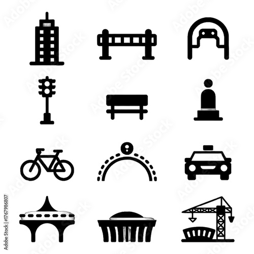 Set of urban infrastructure and transportation icons including buildings, bridges, vehicles, and public amenities
