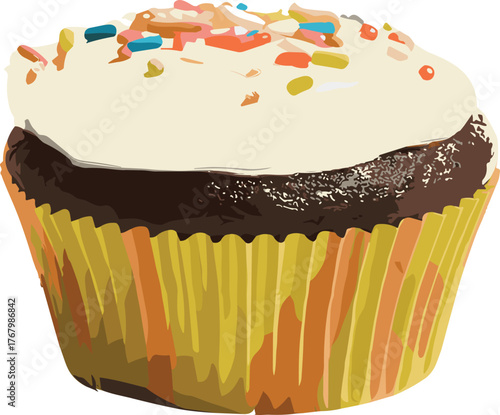Cupcake illustration, chocolate cake with white frosting, colorful sprinkles, dessert drawing, food art, baking concept, culinary presentation