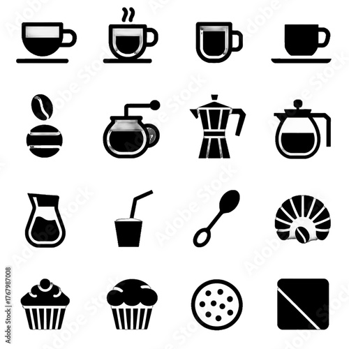 Collection of coffee-related icons including cups, brewing equipment, beans, and desserts