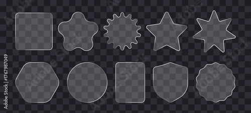 Transparent glass shapes set with soft glowing edges. Realistic clear geometric frames including star, circle, square, badge, and rounded forms on  dark checkered background perfect for UI, web design