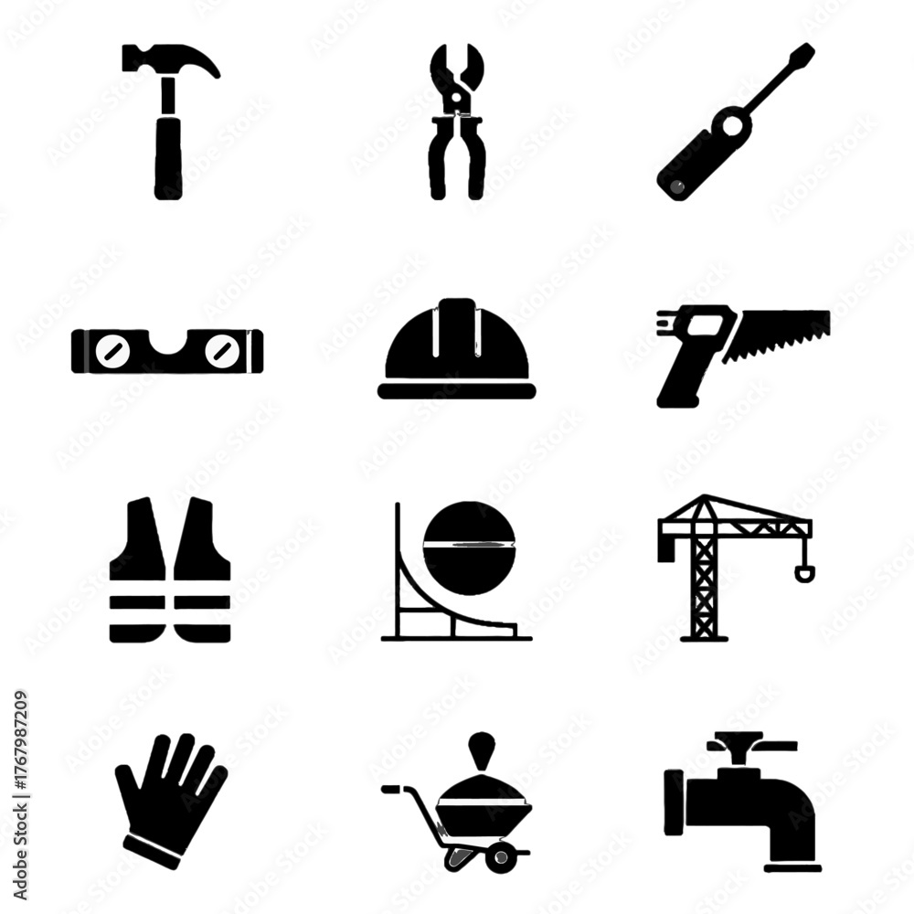 Obraz premium Set of construction and industrial tool icons including hammer, pliers, screwdriver, level, hard hat, saw, safety vest, protractor, crane, gloves, wheelbarrow, and pipe fitting