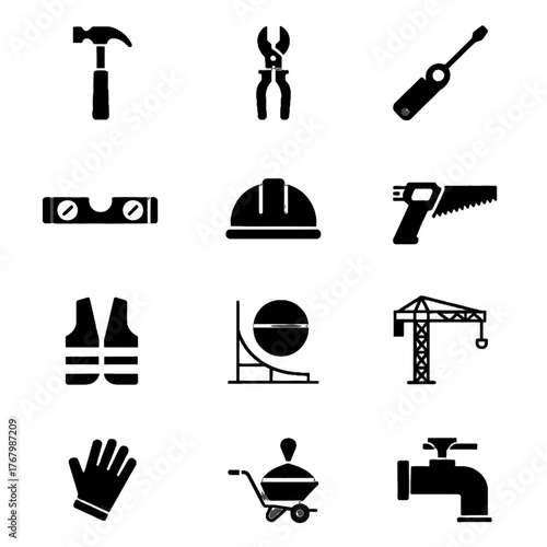 Set of construction and industrial tool icons including hammer, pliers, screwdriver, level, hard hat, saw, safety vest, protractor, crane, gloves, wheelbarrow, and pipe fitting