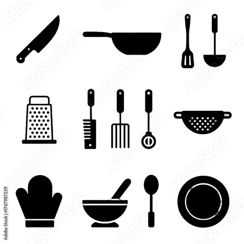Collection of black silhouette kitchen utensils and tools including knife, pan, spatula, grater, ladle, colander, oven mitt, bowl with spoon, and plate