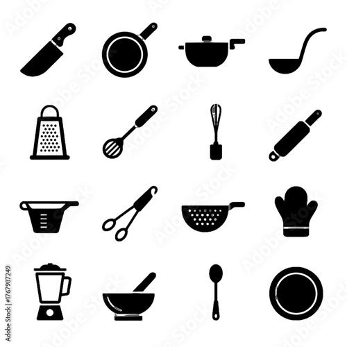 Collection of kitchen utensils and cooking tools in black silhouette icons