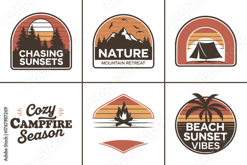 Vintage sunset adventure badge bundle with mountain campfire beach and forest scenes in retro orange and brown for outdoor lifestyle branding