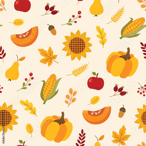 Seamless pattern featuring Thanksgiving harvest elements like pumpkins, corn, apples, sunflowers, pears, and autumn leaves on a light background