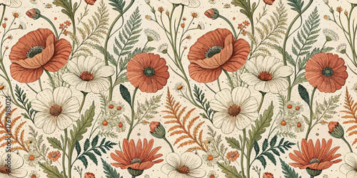 Vibrant floral pattern featuring poppies and daisies in earthy tones against a soft background.
