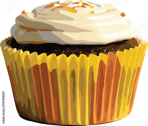 Cupcake illustration, chocolate cake with vanilla frosting, food art, dessert drawing, baking concept, realistic style, culinary presentation