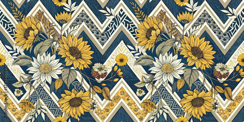 A vibrant floral pattern featuring sunflowers and daisies in yellow and white on a blue chevron background.