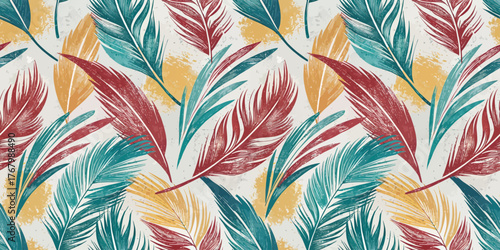 Vibrant tropical leaves in teal, red, and gold create a lively and colorful pattern.