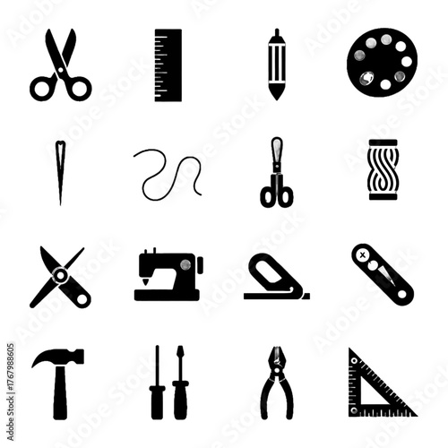 Collection of black silhouette icons representing various tools and equipment used in sewing, crafting, and general repair work.